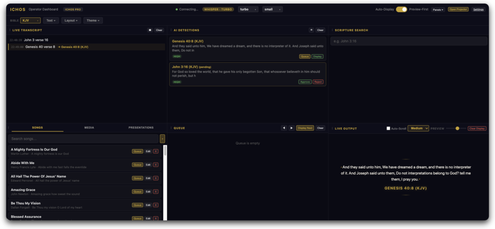 ICHOS operator dashboard showing live transcript, AI verse detections, and song library