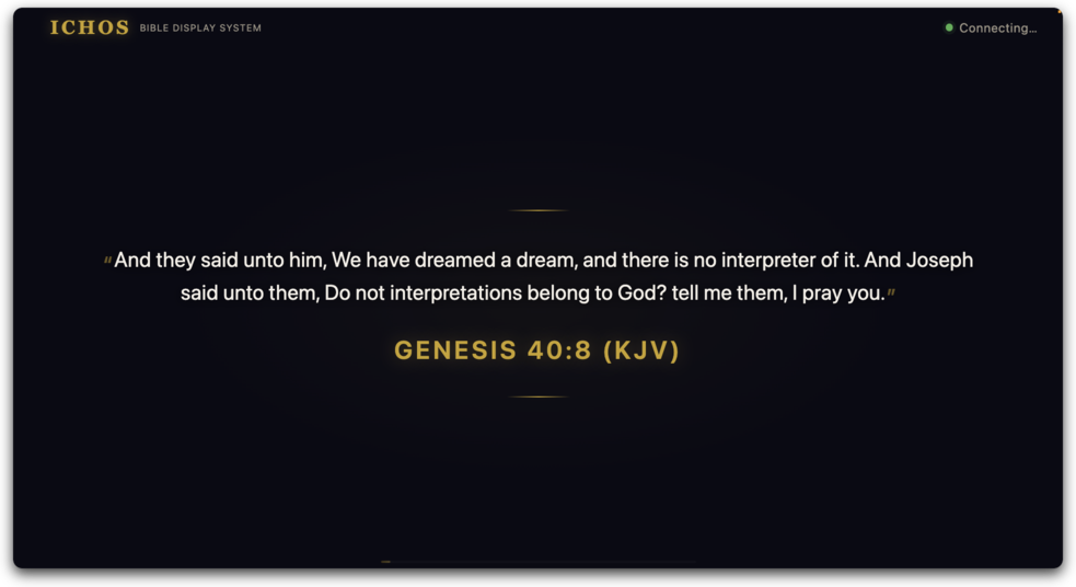 ICHOS projector display showing Bible verse with gold reference text